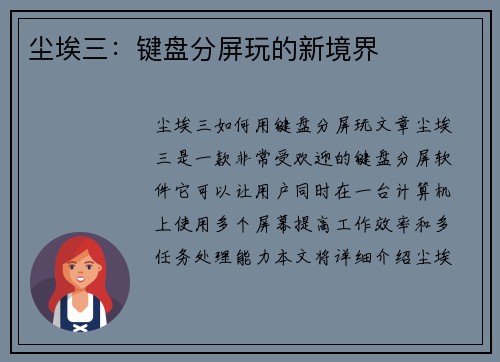 尘埃三：键盘分屏玩的新境界